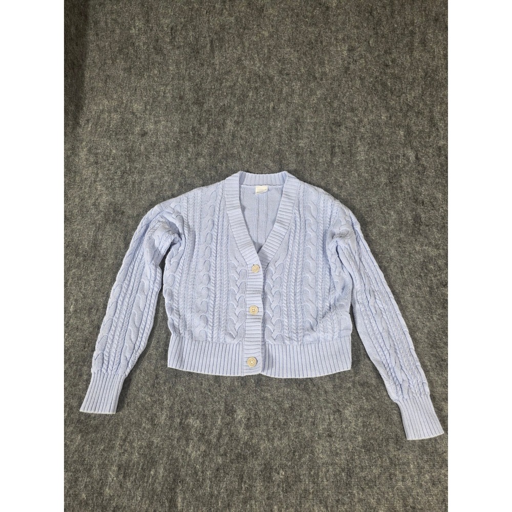 Abercrombie Kids Girls 11/12 Cable Knit Cardigan Sweater Light Blue VNeck Button